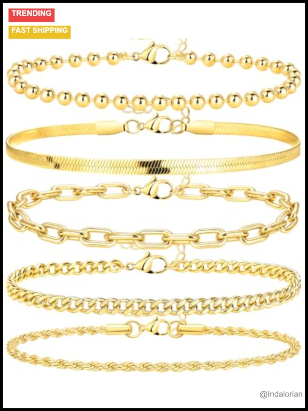5pc 14K Gold Plated Anklets Set Waterproof Plus Size Chain Adjustable